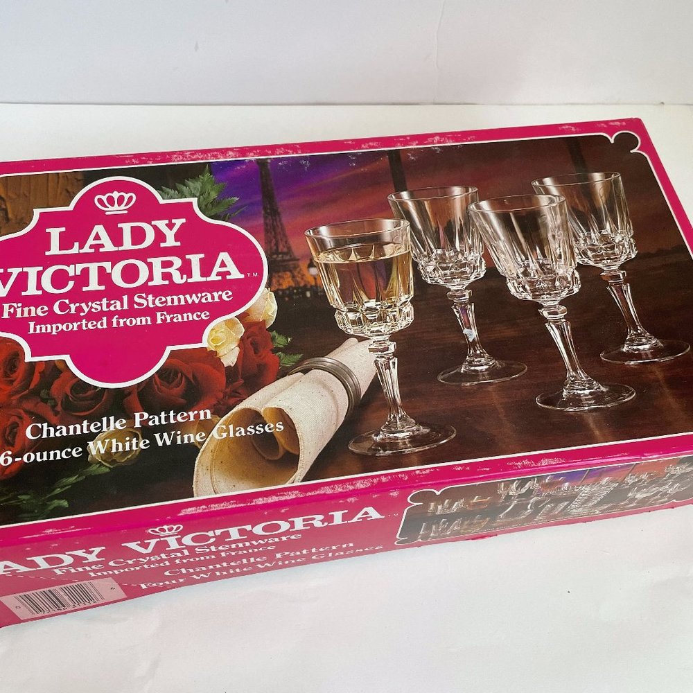 Vintage Lady Victoria Fine Crystal Stemware Chantelle Pattern 6oz Wine Glasses